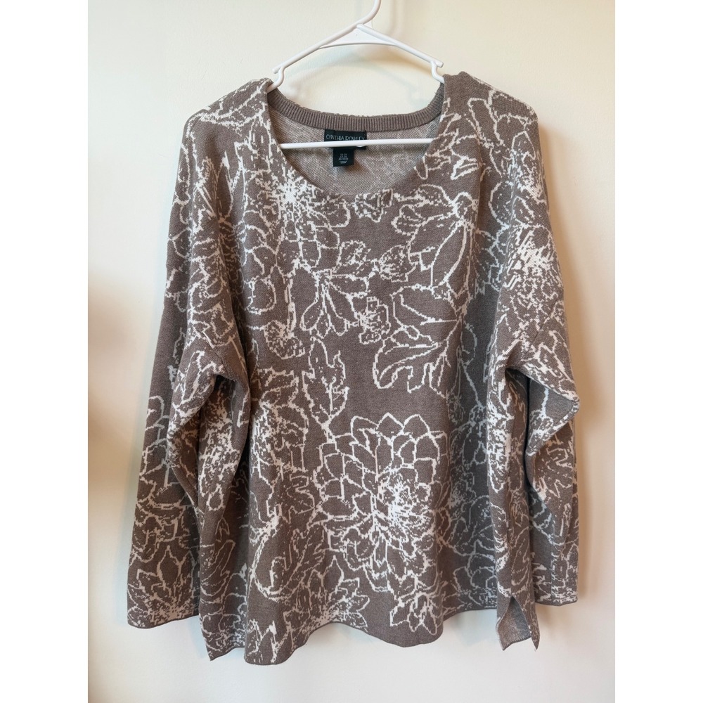 Cynthia Rowley Woman Taupe White Floral Jacquard Knit Sweater 2X Plus Size